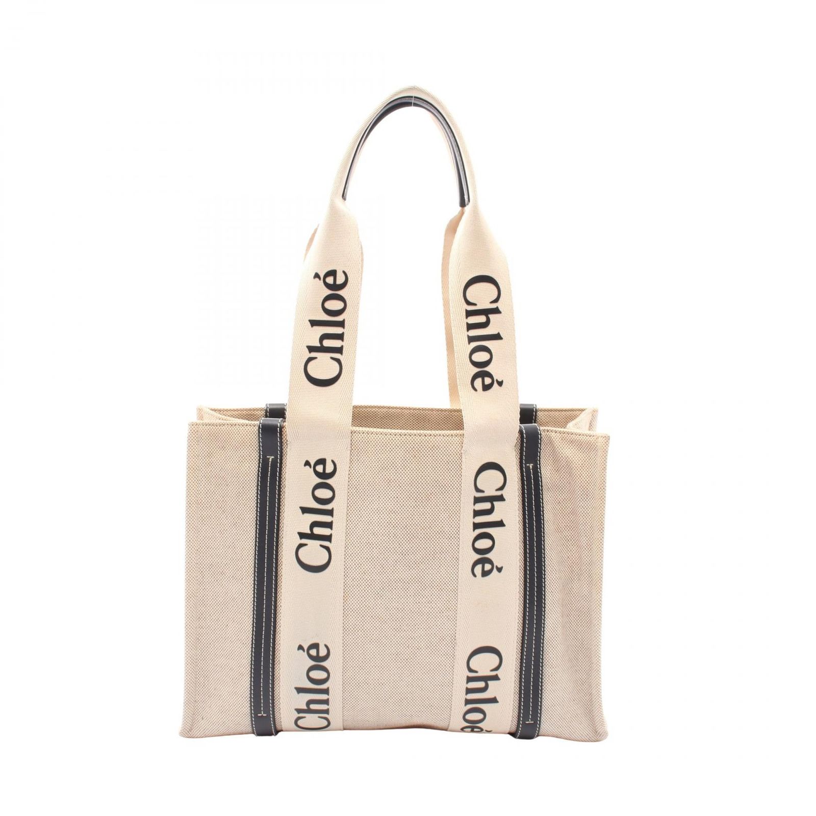クロエ Chloe トートバッグ WOODY ウッディ ミディアム CHC22AS383I26 ナチュラル/ブラック キャンバス レザー ウッディ ミディアム レディース Used B