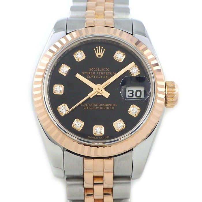 ロレックス Rolex 腕時計 デイトジャスト 179171G V番 2009年 ルーレット刻印 10ポイント ダイヤインデックス ブラック文字盤 デイト エバーローズゴールド SS 自動巻き 【箱・保付き】 【中古】