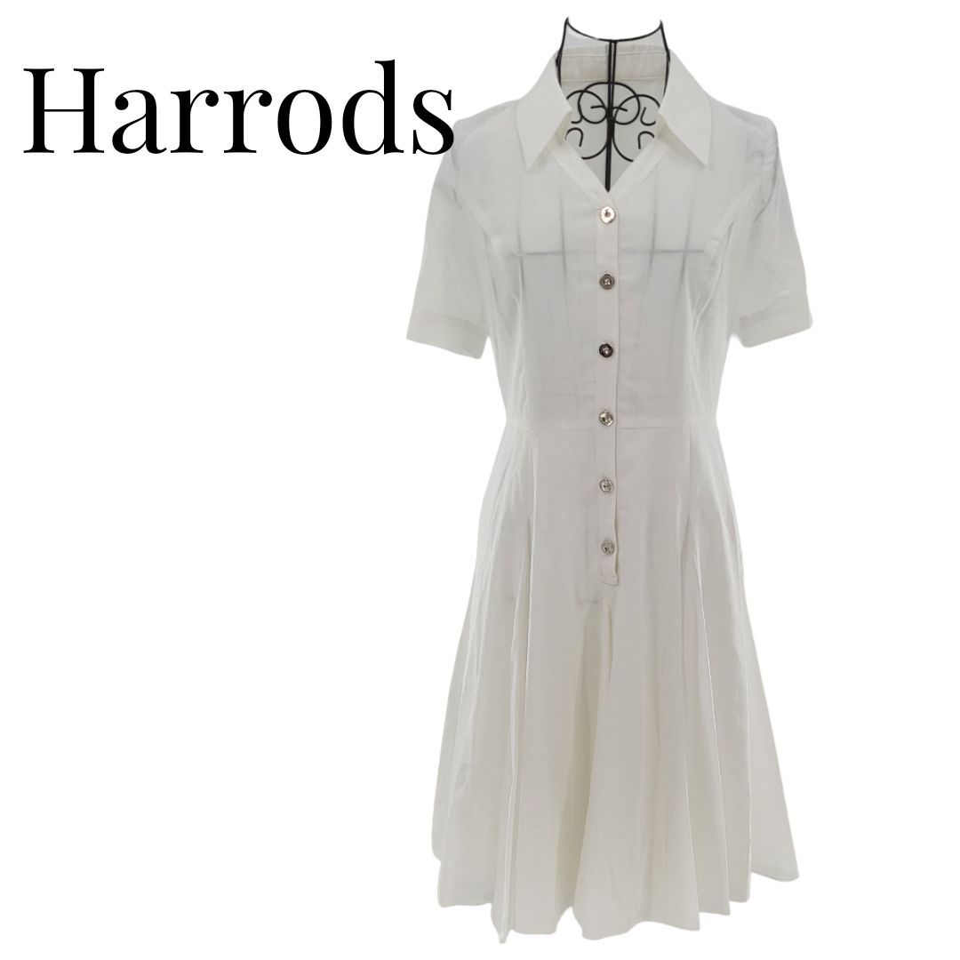 【美品】Harrods ハロッズ ワンピース 襟付き フリーサイズ F 裏地あり ホワイト フレア ロング レディース