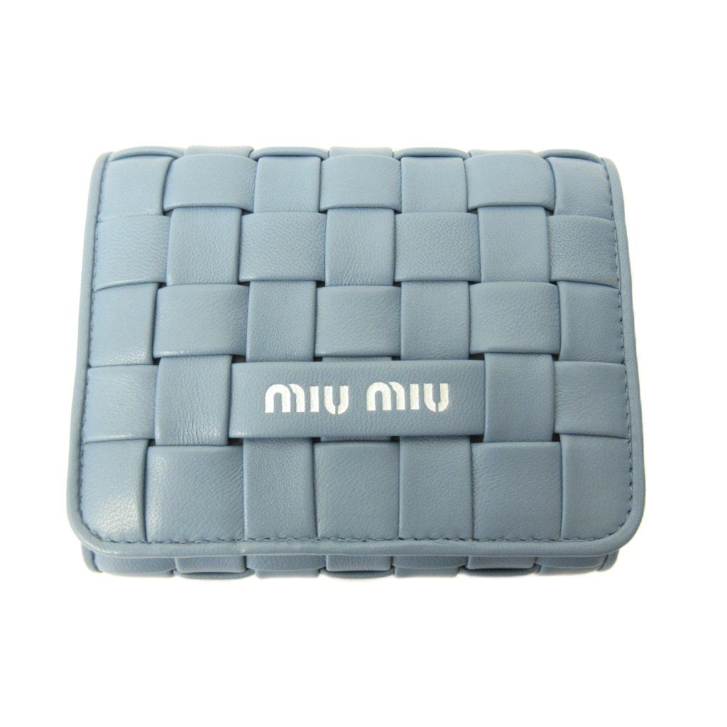 ミュウミュウ miumiu 美品 イントレッチオ コンパクトウォレット 三つ折り財布 レザー 編み込み 青 ブルー 0604
