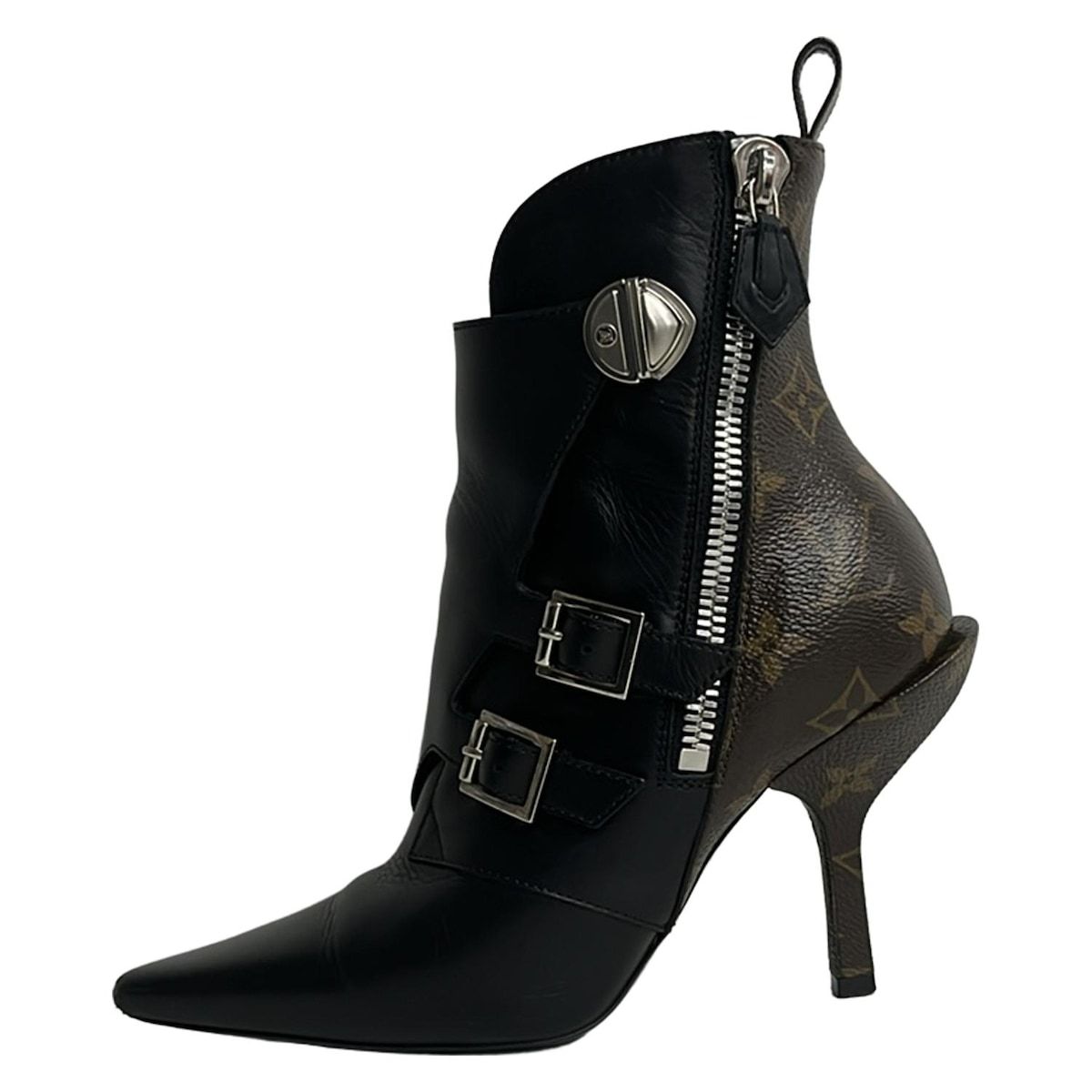 LOUIS VUITTON(ルイヴィトン) ショートブーツ 34 1/2 レディース - 黒×ダークブラウン ジャネットライン レザー
