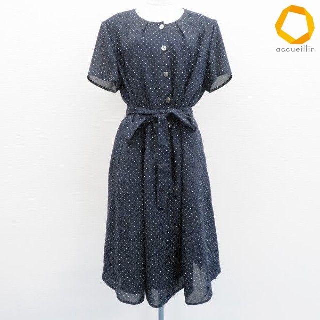 レリアン Leilian ワンピース ロング 半袖 リボンベルト ドット 総柄 大きいサイズ レディース [a1015422]