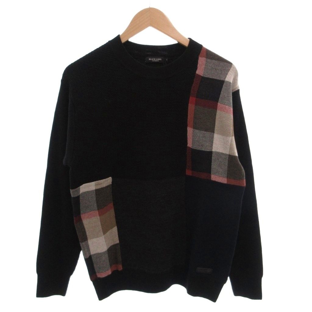 ブラックレーベルクレストブリッジ BLACK LABEL CRESTBRIDGE タグ付き ニット セーター 長袖 パッチワーク チェック柄 ウール混 M 黒 ブラック /FF