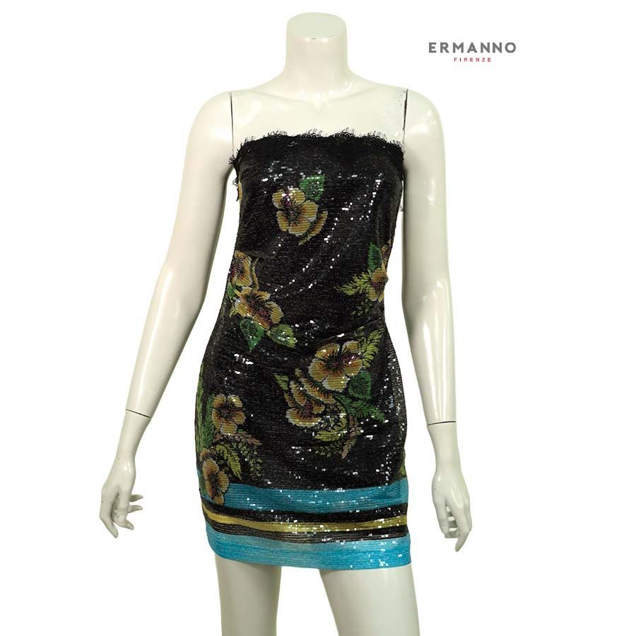 【定価￥103,000の90％OFF】【春夏物】ERMANNO FIRENZE【エルマンノ フィレンツェ】【レディース】フラワープリントチュールレーススパンコールベアトップスワンピース/ブラック【サイズ40】【イタリア製】