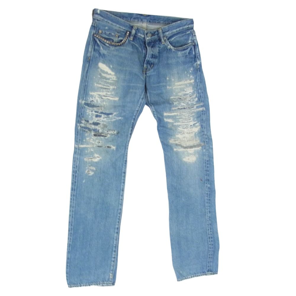 HYSTERIC GLAMOUR ヒステリックグラマー クラッシュリペア加工 スタッズ ストレート デニム パンツ インディゴブルー系 31【中古】