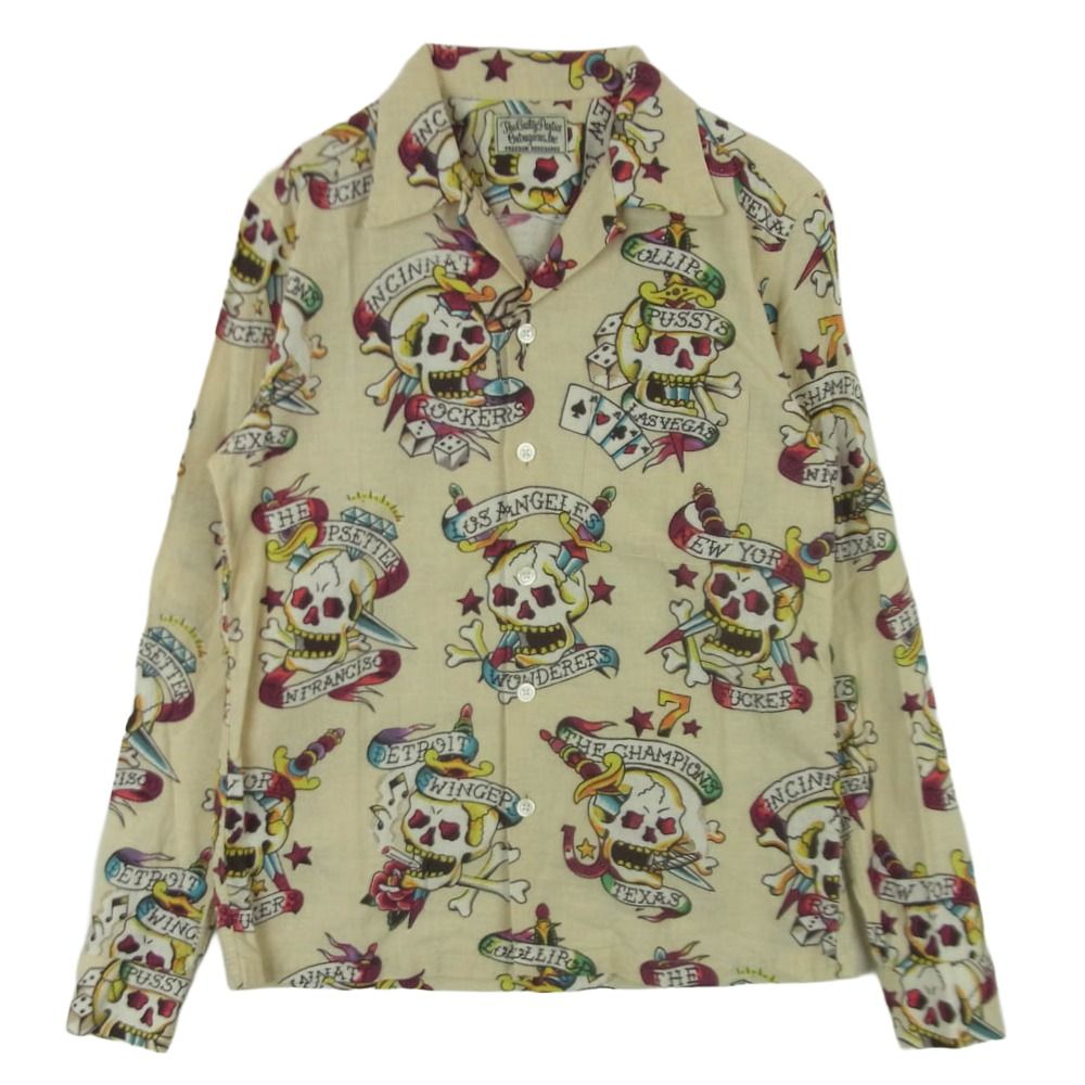 WACKO MARIA ワコマリア CAPTAIN SKULL HAWAIIAN SHIRT LS キャプテン スカル 長袖 フランネル シャツ ベージュ系 S【中古】