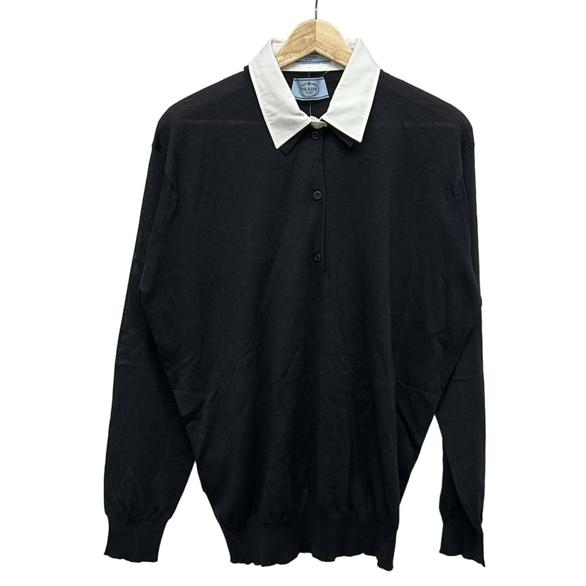 PRADA(プラダ) 長袖ポロシャツ サイズ46 S メンズ美品 黒×白 つけ襟着脱可/ニット