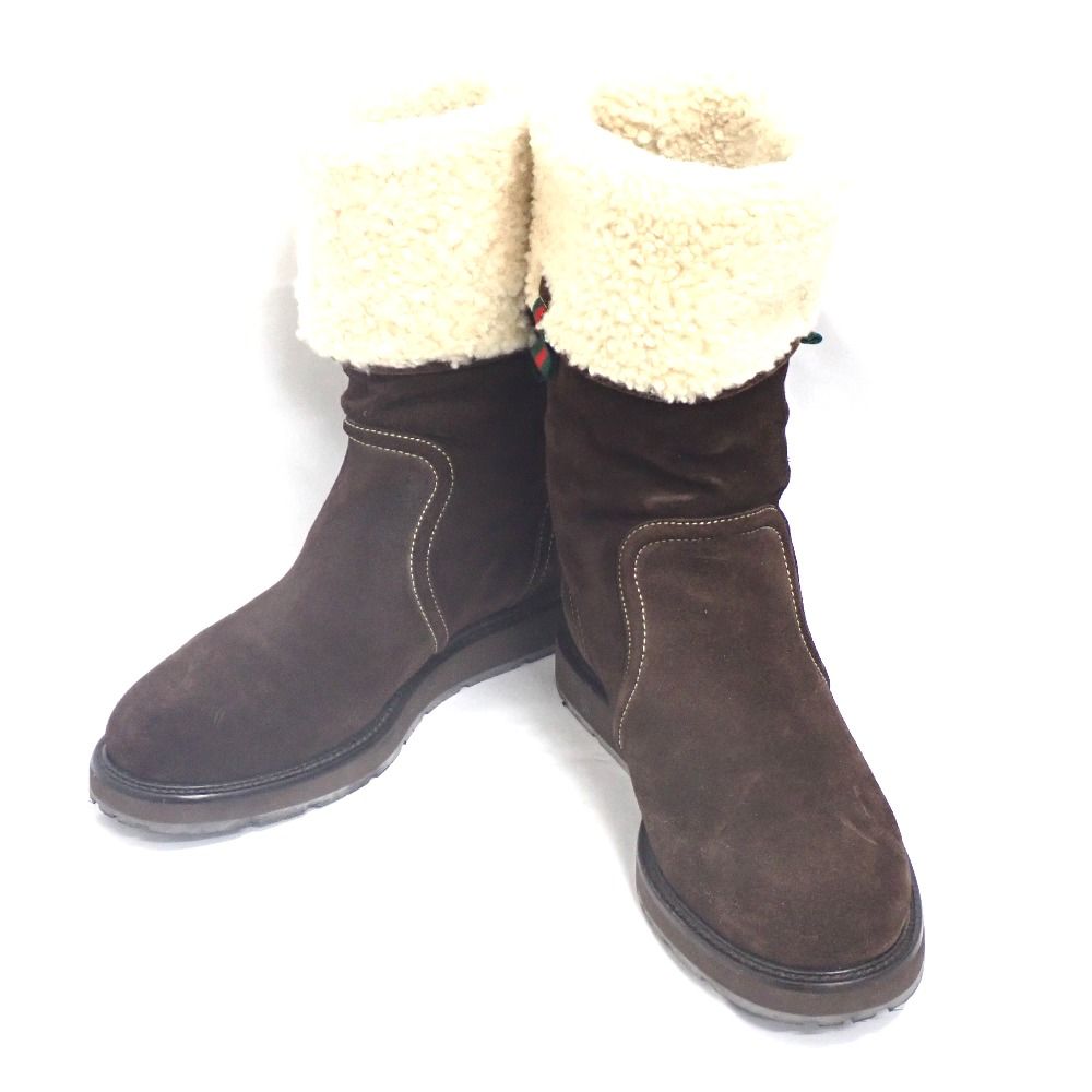 NA37861 グッチ 靴 ムートンブーツ スウェード ブラウン系 レディース GUCCI 中古