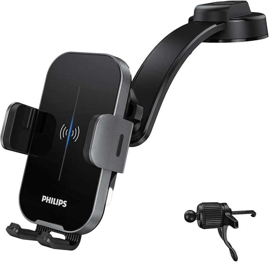 Philips (フィリップス) 車載ワイヤレス充電器 コイル自動検知 Qiワイヤレス充電 自動開閉 15W急速充電 車載スマホホルダー 自由調整 360度回転 片手操作 車用ホルダー 吸盤 エアコン吹き出し口