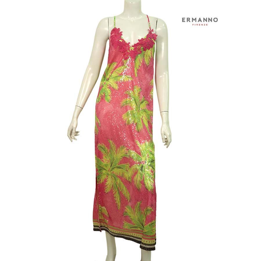 【定価￥148,000の90％OFF】【春夏物】ERMANNO FIRENZE【エルマンノ フィレンツェ】【レディース】やしの木プリントチュールレーススパンコールキャミソールワンピース/ベリー【サイズ40】【イタリア製】