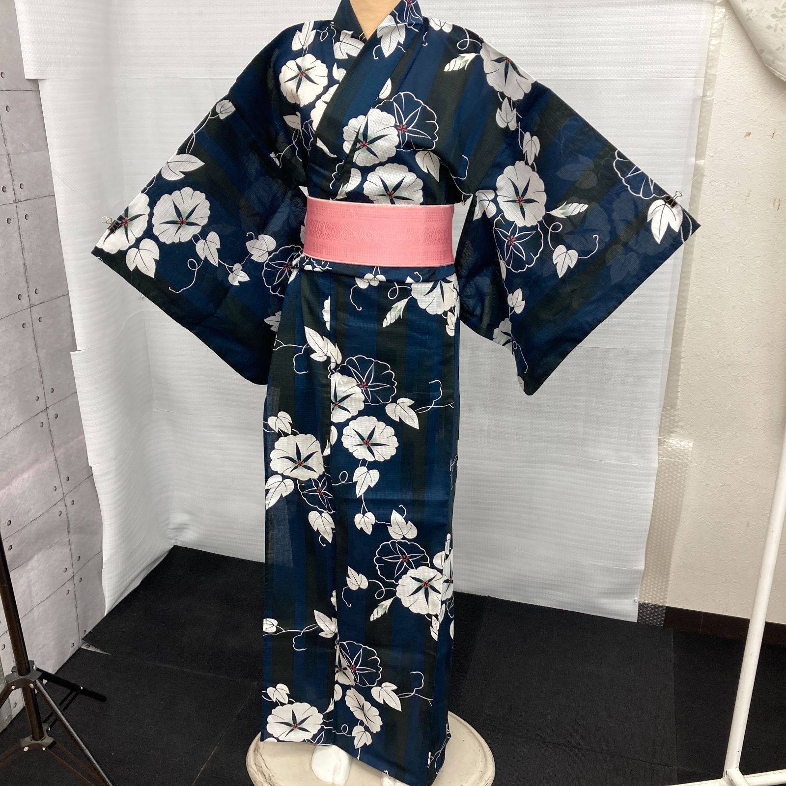 浴衣 ゆかた 紺色系 朝顔柄 身丈約162.5㎝ 綿100％ USED現状品 YMT6 