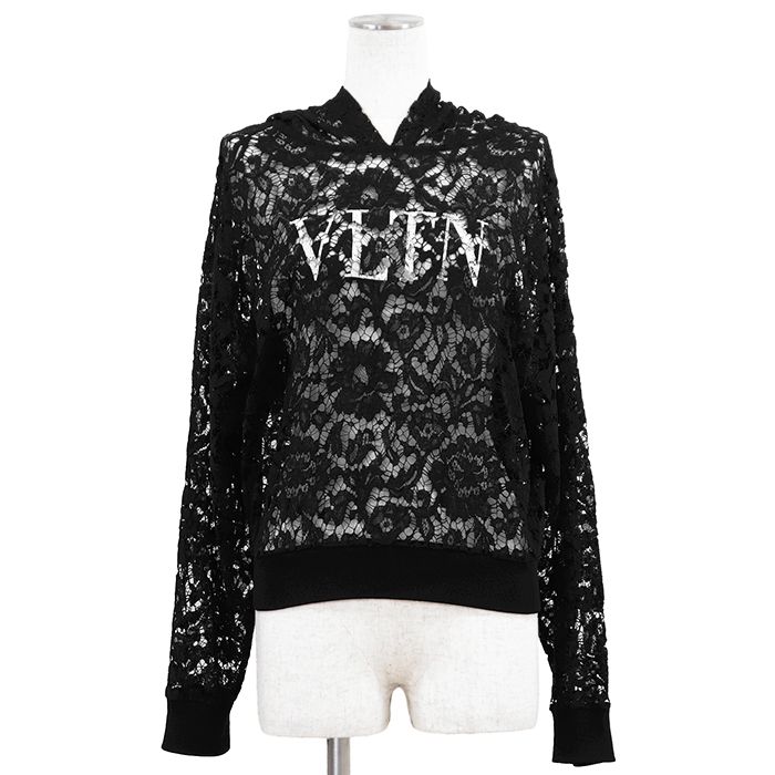 【極美品】Valentino ヴァレンチノ レイヤーパーカー サイズ表記不明 レディース レース フーディー VLTN ロゴ トップス ブラック 黒 イタリア製