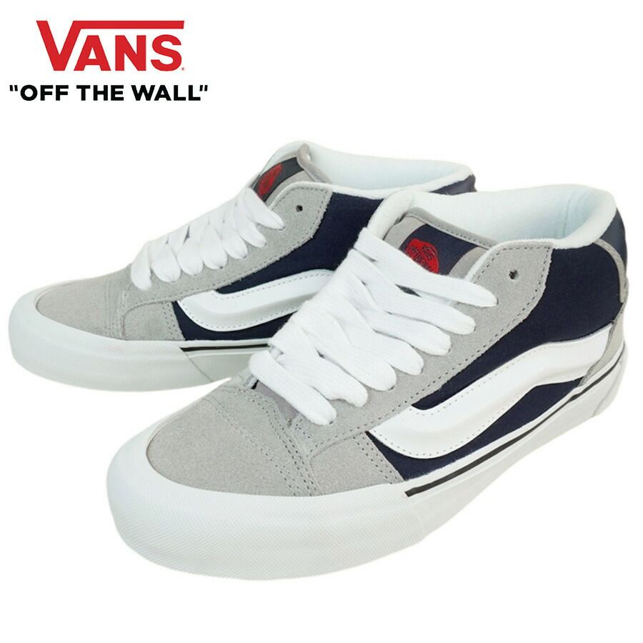 VANS スニーカーVANS ヴァンズ バンズKNU MID VARSITY DRIZZLE ニューミッド バーシティードリズルグレー ネイビー ホワイト 灰色 白 紺スウェード スエード 90s ボリュームメンズ レディース スニーカー 靴 SK8 スケボー