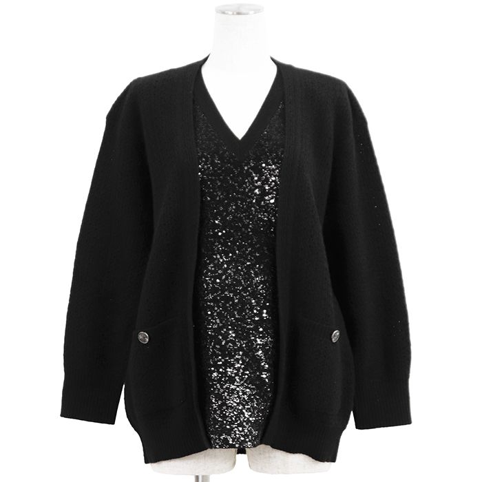 【新品同様】CHANEL シャネル 長袖ニット サイズ 38 レディース P49972 スパンコール ドッキング ウール × アンゴラ トップス ブラック 黒 イタリア製 カール・ラガーフェルド期