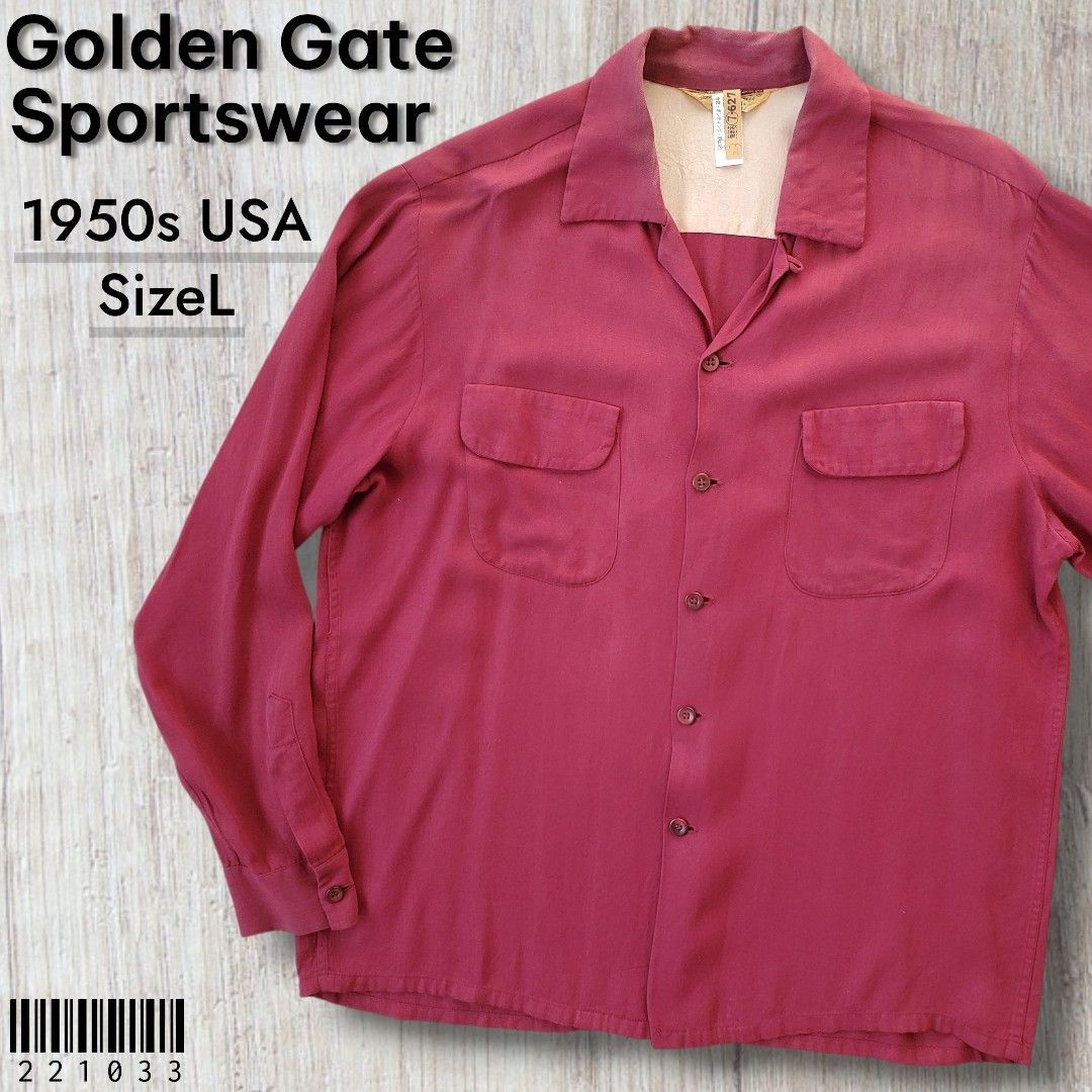 Golden Gate Sportswear■雰囲気抜群 1950s Vintage USA製 レーヨンギャバシャツ L ボルドー オープンカラー フラップポケット フェード