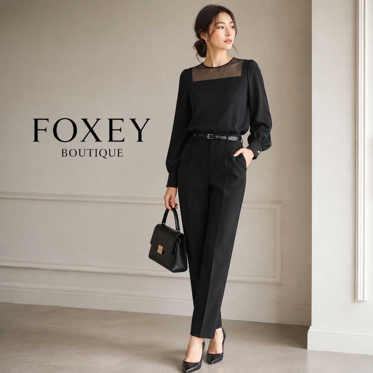 【新品同様】FOXEY BOUTIQUE 41121 / フォクシーブティック　ブラウス ルーシー　ブラック 38【FOXEY EXPRESS掲載商品】上質なポリエステル素材 パールボタン 上品 長袖 ブラウス 女子会 お食事会 コーデ