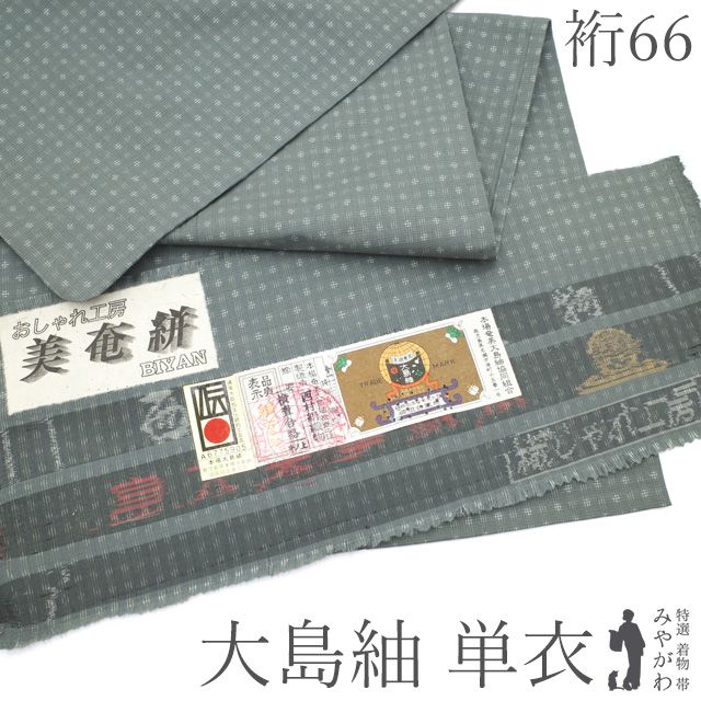 中古】 大島紬 本場奄美大島紬 単衣 着物 リサイクル 正絹 春 秋 灰緑