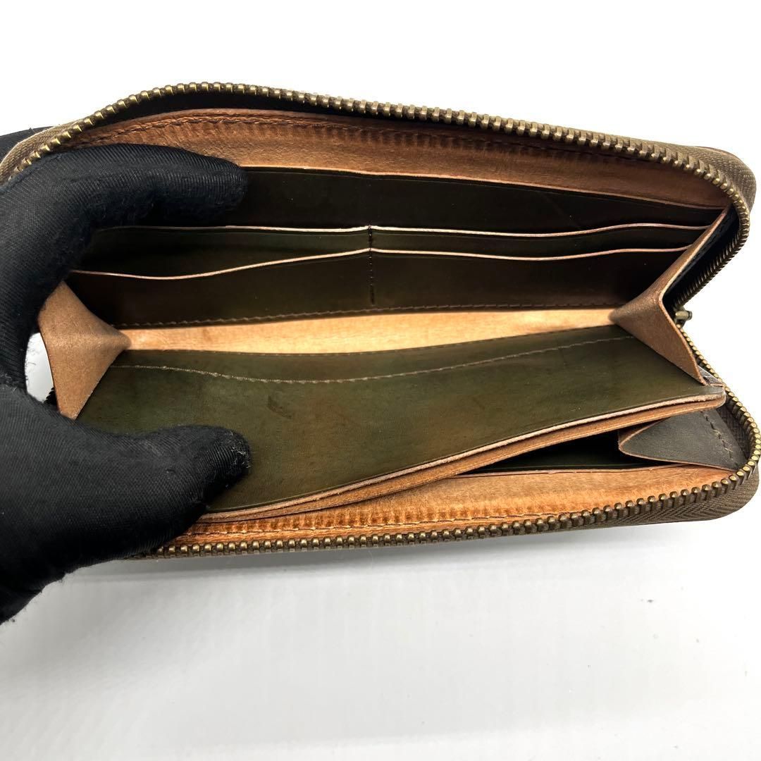 BROWN BROWN 本革 ラウンドファスナー 長財布 オリーブブラウン 3009