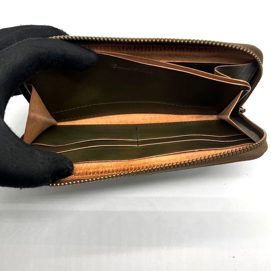 BROWN BROWN 本革 ラウンドファスナー 長財布 オリーブブラウン 3009