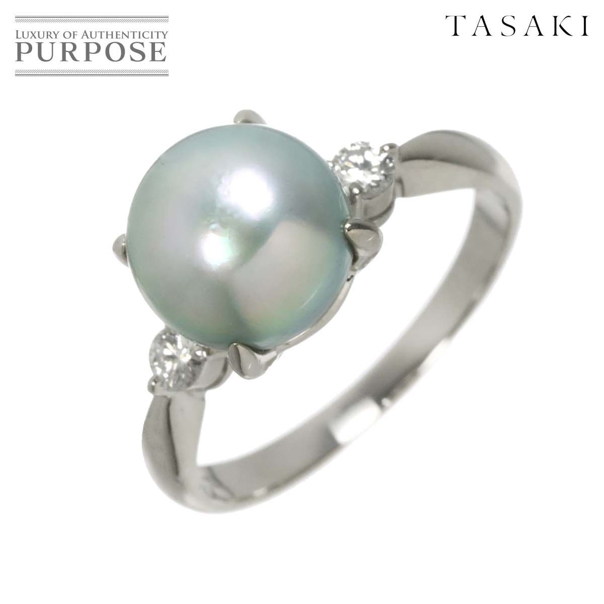 タサキ TASAKI 14号 リング 黒蝶真珠 9.3mm ダイヤ 0.14ct Pt プラチナ 指輪 パール 田崎真珠 Black Pearl Ring 90319822