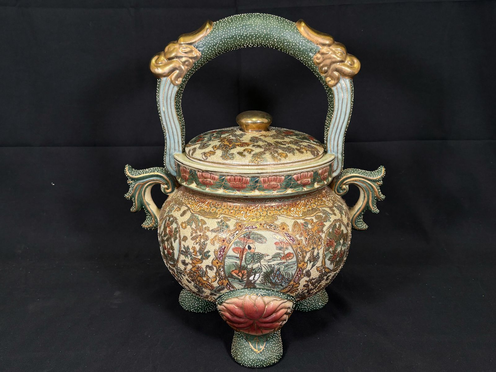 薩摩焼 香炉 龍耳 三足 金彩 色絵 緻密絵付 中国 古玩 骨董品 茶道具 香