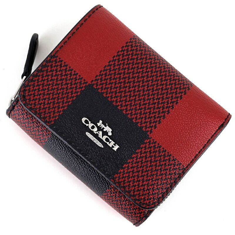 コーチ 財布 レディース 三つ折り財布 チェック柄 レッド×ブラック C1916 コンパクト ミニウォレット アクトワン【中古】
