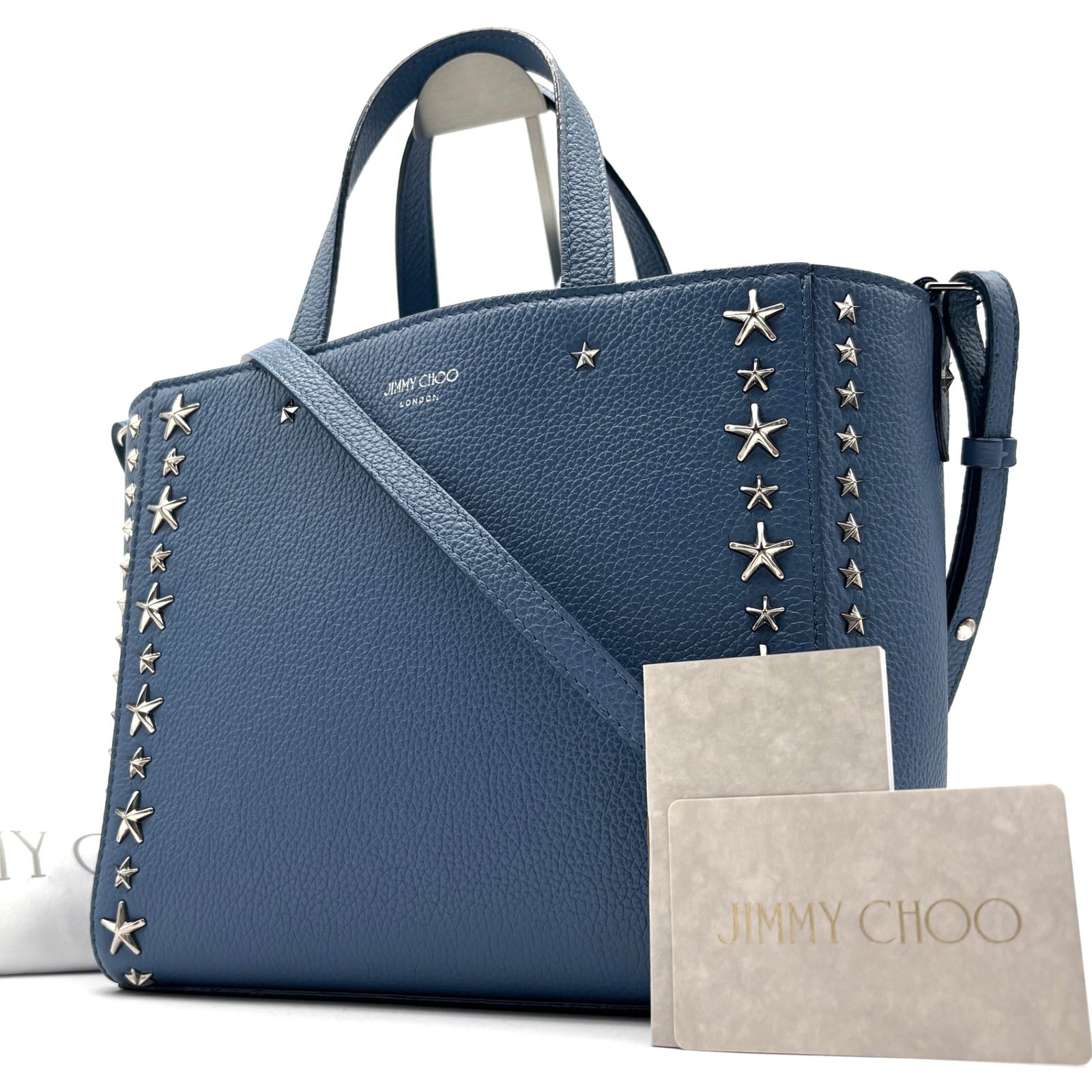 未使用保管品 ジミーチュウ JIMMY CHOO ペガシ PEGASI 2way トートバッグ ショルダーバッグ バタフライブルー 青 スタースタッズ レザー 本革 斜め掛け ボーナス 夏休み 夏コーデ ご褒美 旅行 サマーギフト