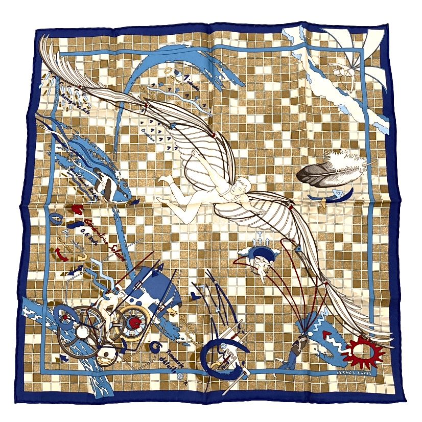 極美品 HERMES エルメス D.A.Jarlecant 飛行術 ハンカチ スカーフ シルク 100％ スカーフ マルチカラー