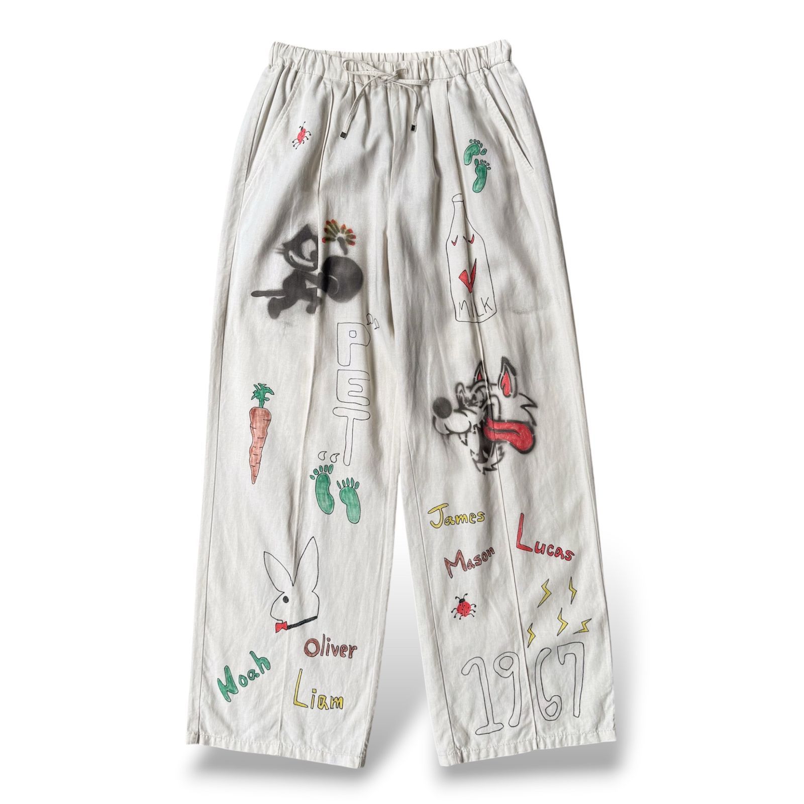 HAND PAINTED ART STENCIL MEMORIAL LINEN PANTS / ハンド ペイント アート ステンシル メモリアル 落書き リネン パンツ