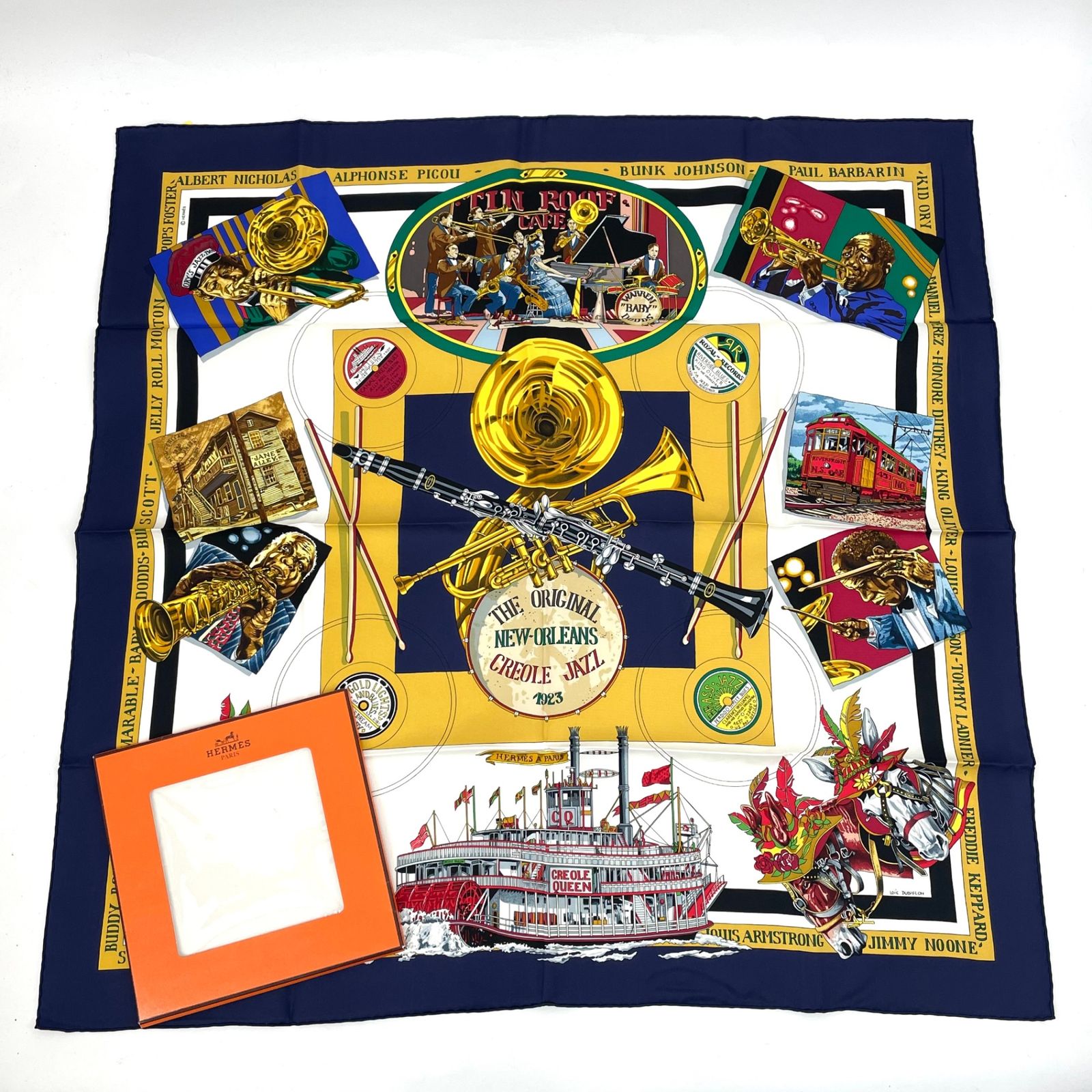 新品同様 HERMES エルメス カレ90 THE ORIGINAL NEW ORLEANS CREOLE JAZZ ニューオリンズ スカーフ シルク ネイビー 箱付き