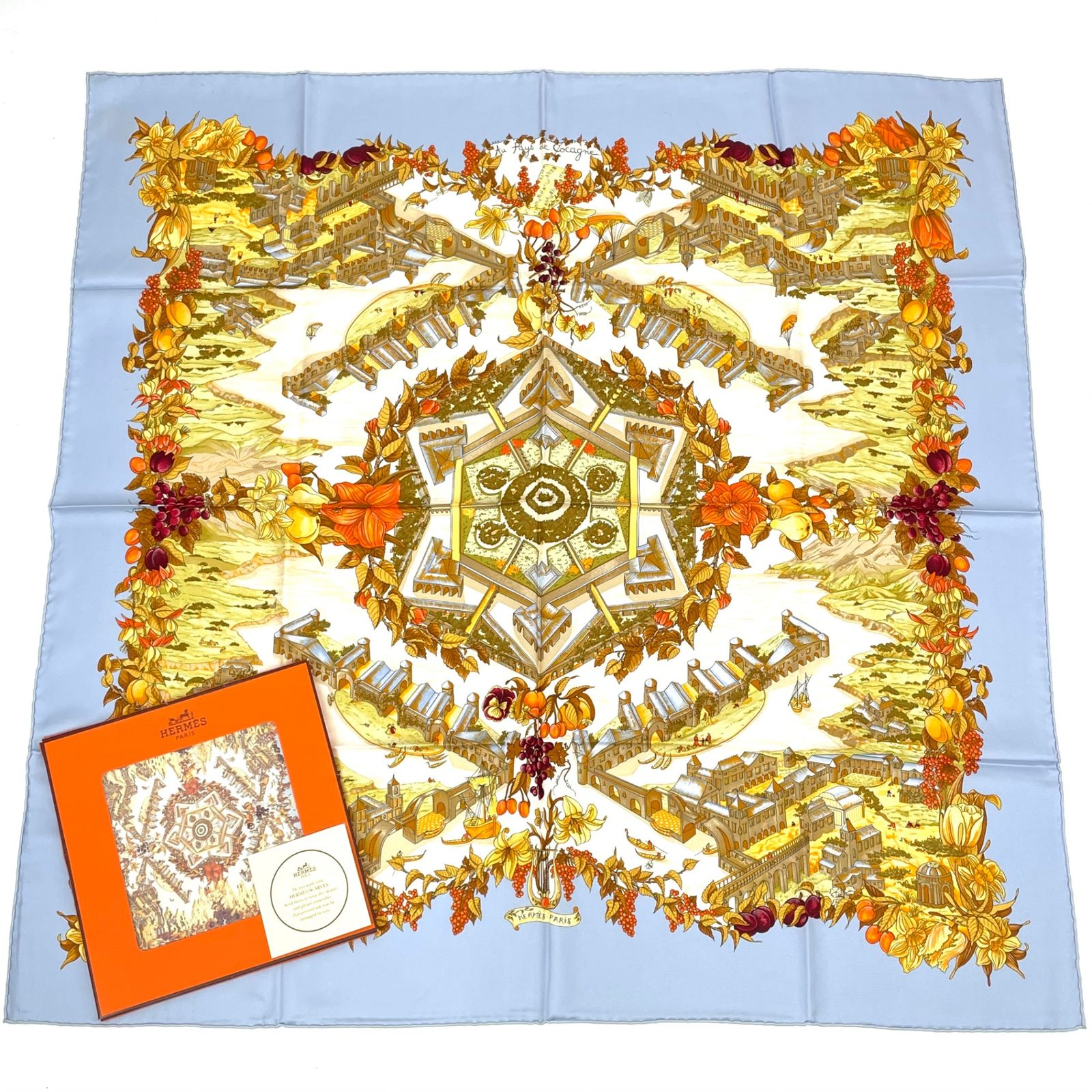 新品同様 HERMES エルメス スカーフ カレ90 シルク Au Pays de Cocagne 楽園にて マルチカラー 箱付き