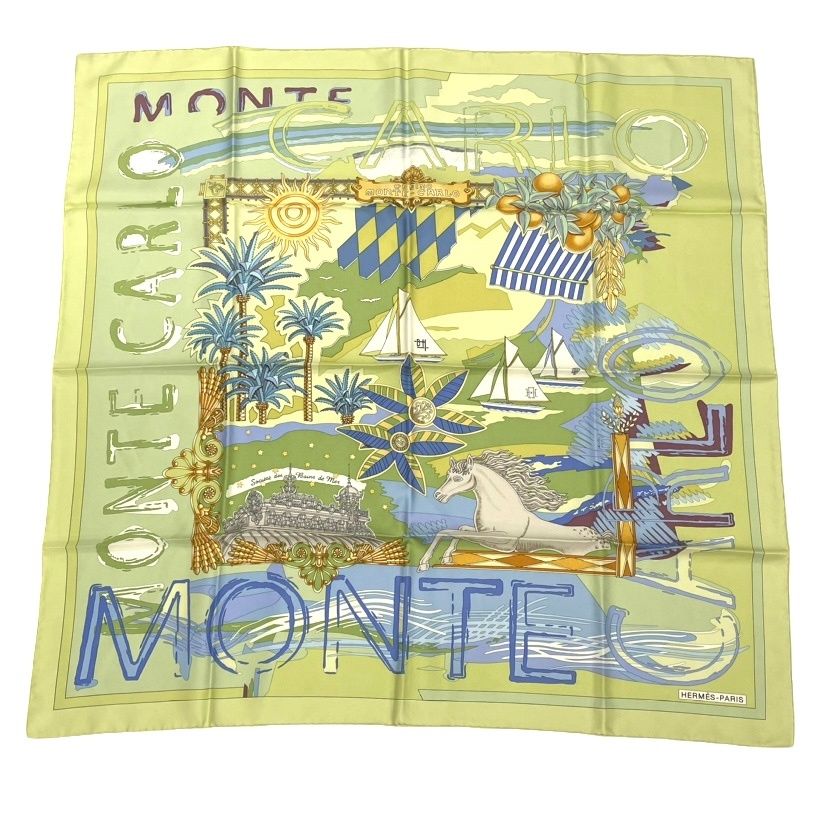 極美品 HERMES エルメス カレ90 シルク スカーフ モンテカルロ Monte Carlo カジノ アルベール公 50歳記念 モナコ限定 グリーン