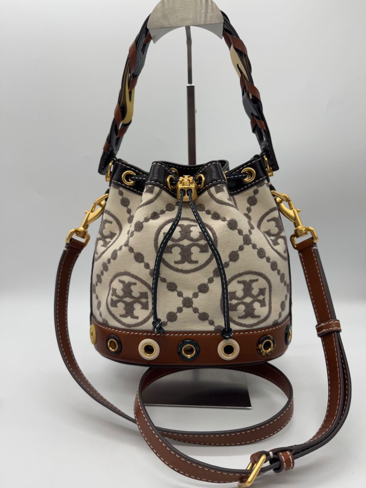 【良品】TORY BURCH　トリーバーチ　Tモノグラム　グロメット　ミニバケットバッグ　P2223