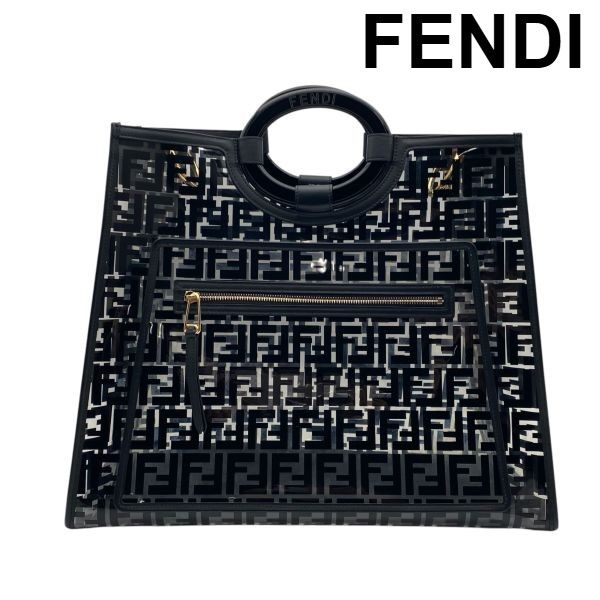 ● フェンディ FENDI ラナウェイ ショッパー ハンドバッグ クリアバッグ ズッカ柄 FFモチーフ ミディアム 黒 クリア PVC レディース 6D292