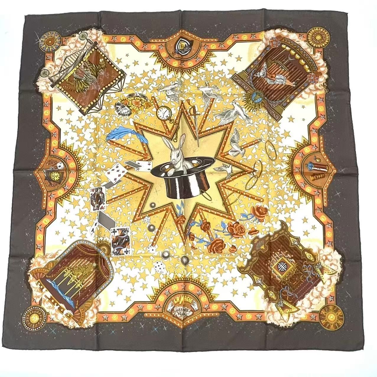 極美品 HERMES エルメス カレ90 LA MAGIE マジック ウサギ 手品 鳩 道化師 シルク ブラウン