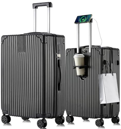 [Wozwe] 最軽量 キャリーケース スーツケース 機内持込可 多機能すぎる ダイヤロック式 保護カバー付き 超軽量 多機能 キャリーバッグ 携帯スタンド USBポー付き カップホルダー付き 隠しフック 静音 ダブルキャスター 大容量 (ブラック, Spms