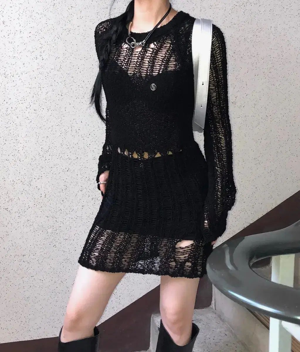 ジゼル着用 Rossi Rossi Damage Knit Top BLACK ニット メッシュ