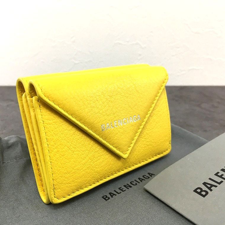 極美品 BALENCIAGA ペーパーミニウォレット 391446 イエロー 三つ折り財布 136