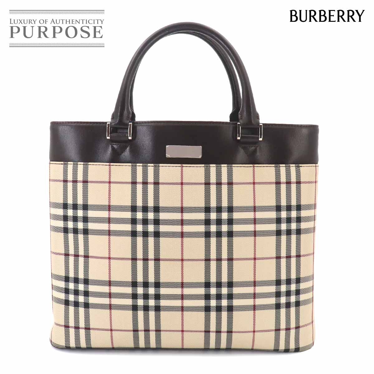 美品 バーバリー BURBERRY ノバチェック ハンド バッグ キャンバス レザー ベージュ ダークブラウン Hand Bag 90324935