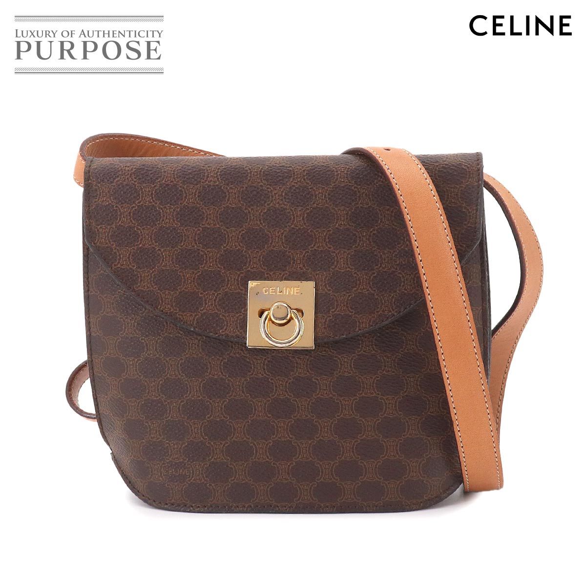 セリーヌ CELINE マカダム ショルダー バッグ PVC レザー ブラウン ゴールド 金具 ヴィンテージ Macadam Shoulder Bag 90325018
