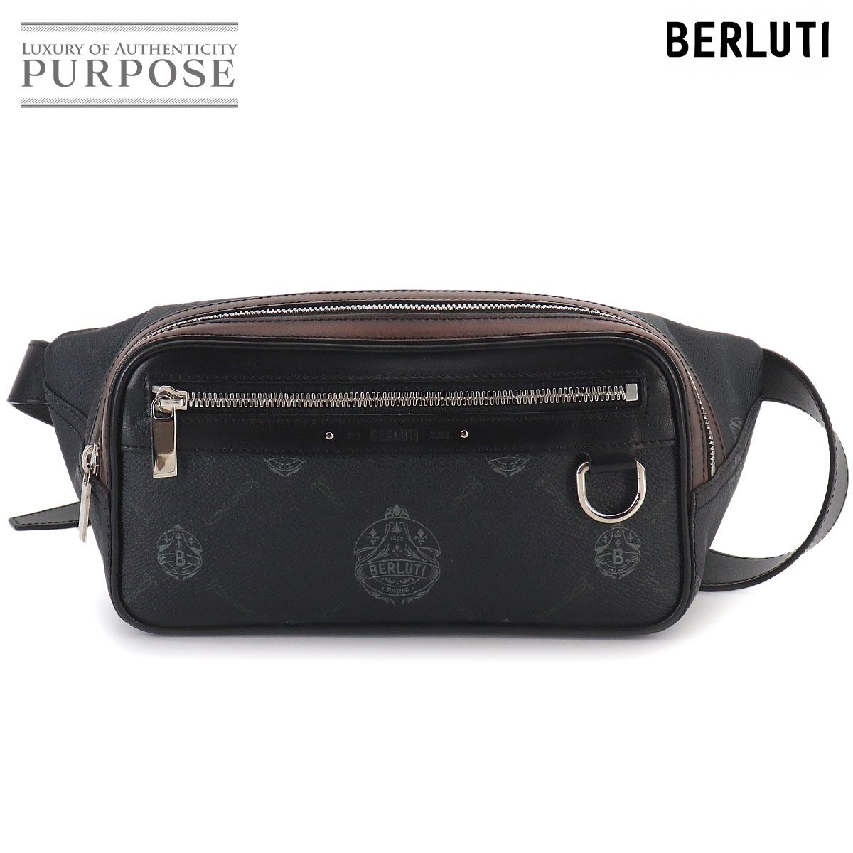 新品同様 ベルルッティ Berluti シグネチャー バラード ボディ バッグ PVC レザー ブラック シルバー 金具 Ballade Body Bag 90325043