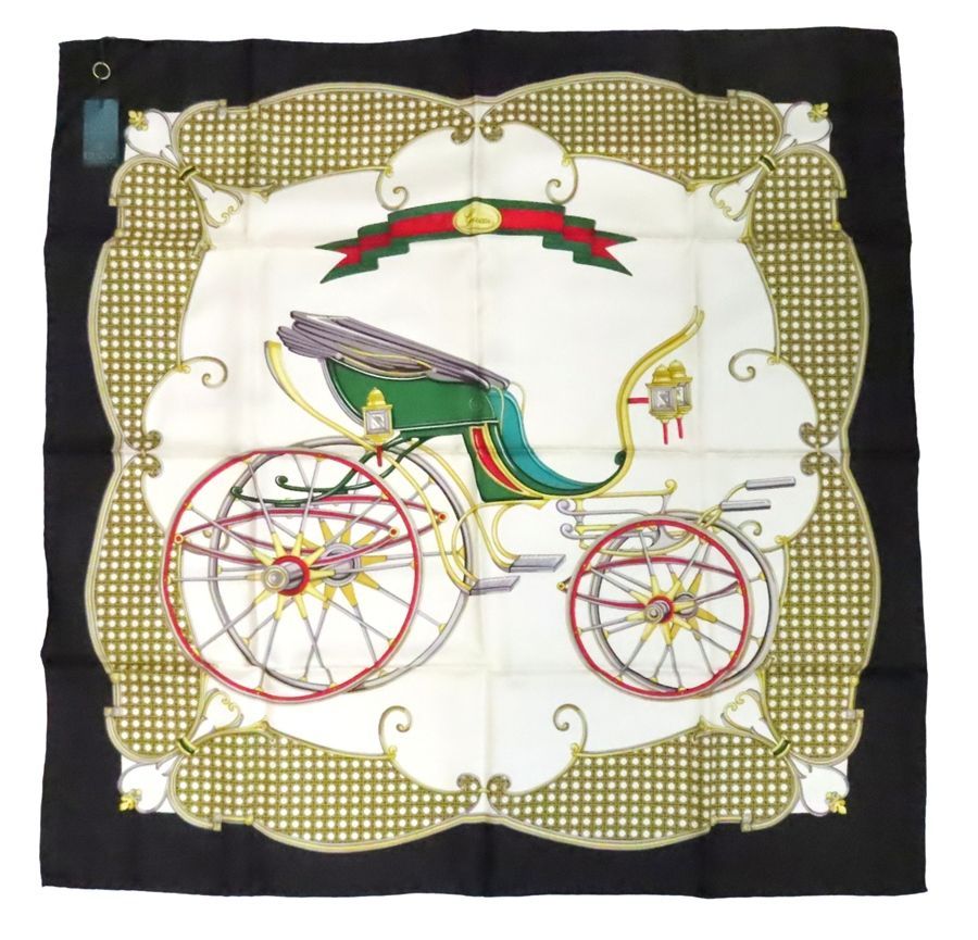GUCCI グッチ スカーフ 86cmx86cm シルク100％ ブラック 馬車 シェリーライン リボン イタリア製 rk10453