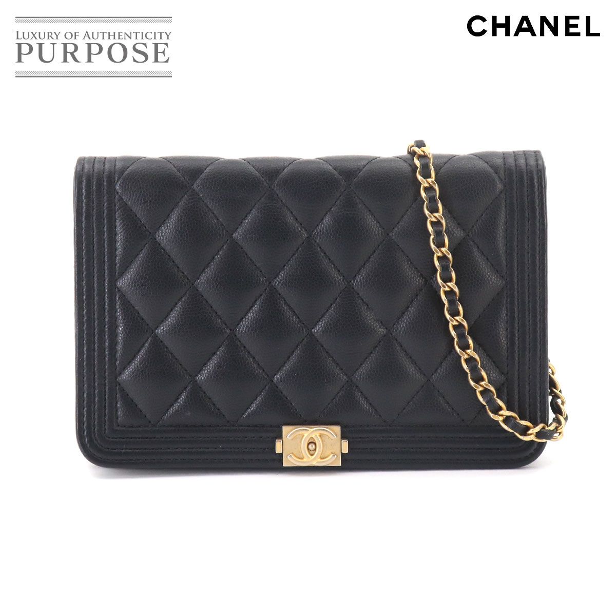 シャネル CHANEL ボーイシャネル チェーン ウォレット 長財布 キャビアスキン レザー ブラック ゴールド 金具 Chain Wallet 90325532