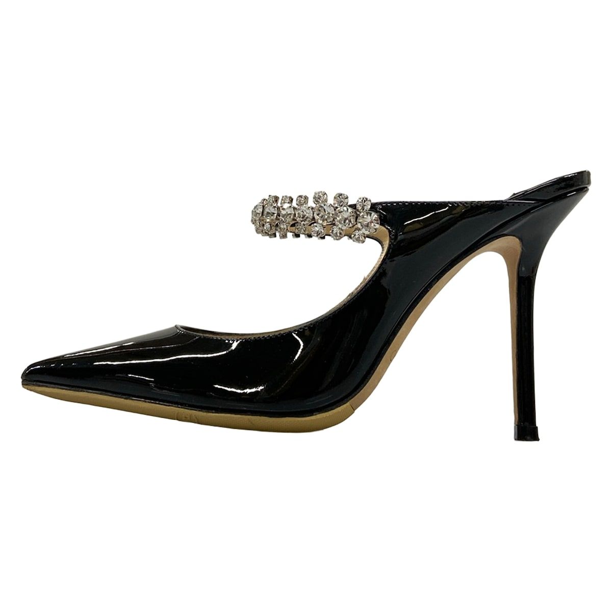 JIMMY CHOO(ジミーチュウ) ミュール 36 レディース ビング 65 黒×シルバー アウトソール張替済/ラインストーン レザー