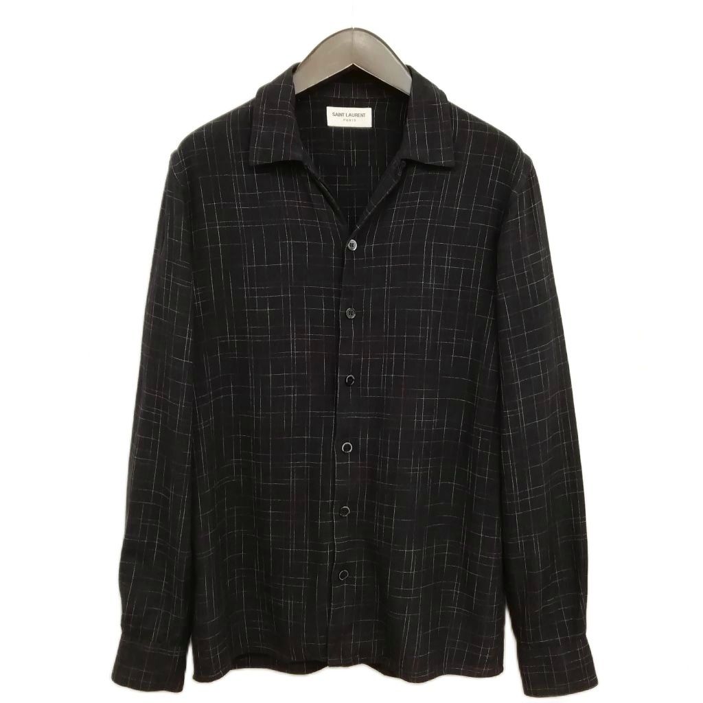 サンローラン パリ SAINT LAURENT PARIS 14AW エディ期 レーヨン チェック オープンカラー シャツ 長袖 38 / 15 ブラック