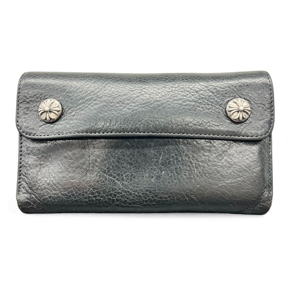 CHROME HEARTS クロムハーツ WAVE WALLET ウェーブ ウォレット クロスボタン ブラック ヘビーレザー 長財布 ロングウォレット ブラック ダガー クロム ABランク 中古 鑑定済 クロム財布