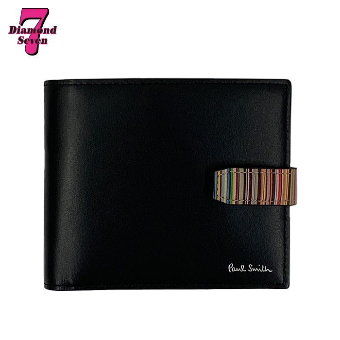 【美品】Paul Smith ポールスミス シグネチャーストライプタブ SS25 2つ折り財布 メンズ レザー 革 ブラック 黒