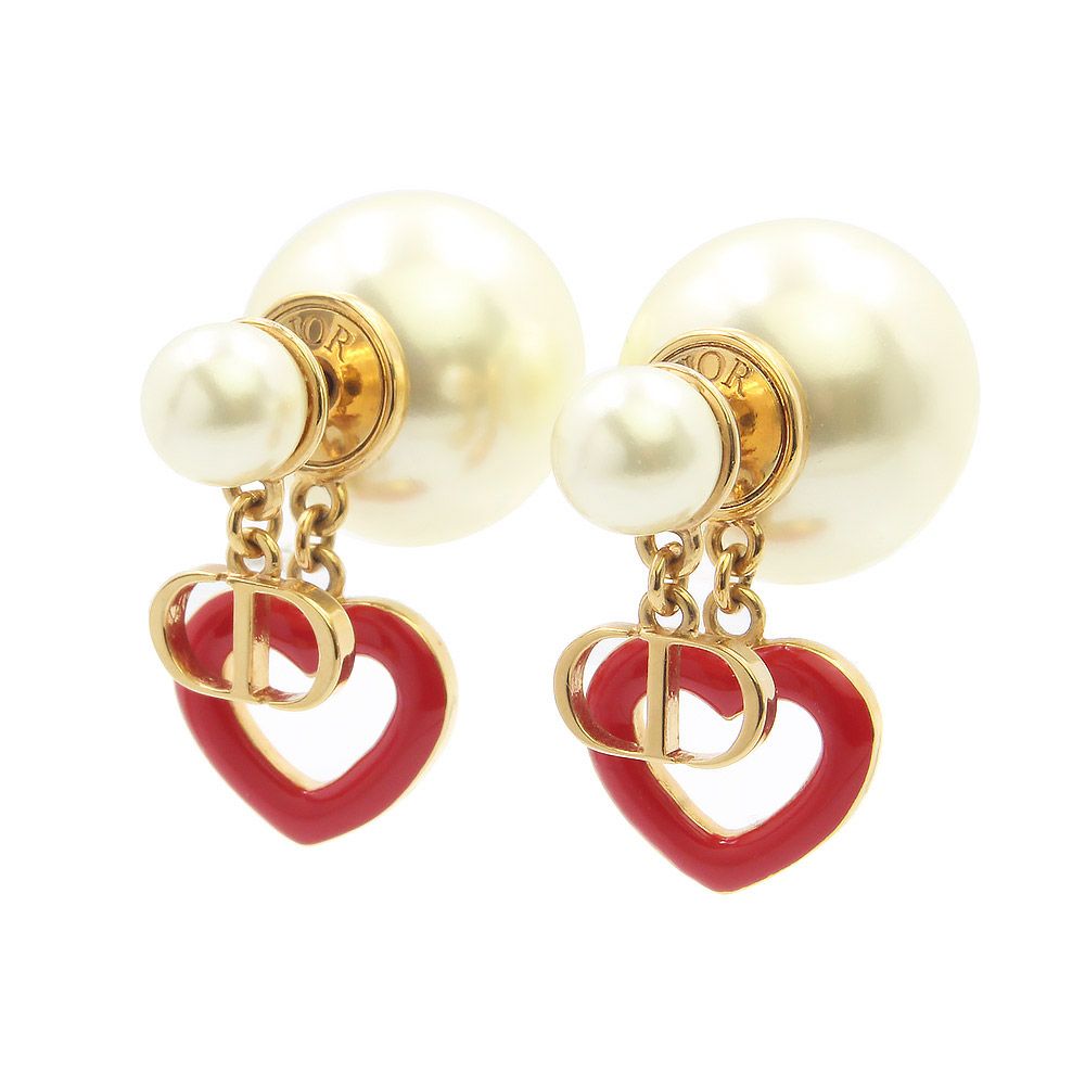クリスチャンディオール E1638TRILQ パール ハート アムール トライバル ホワイト レッド ゴールド ピアス 箱付 Christian Dior（新品・未使用品）