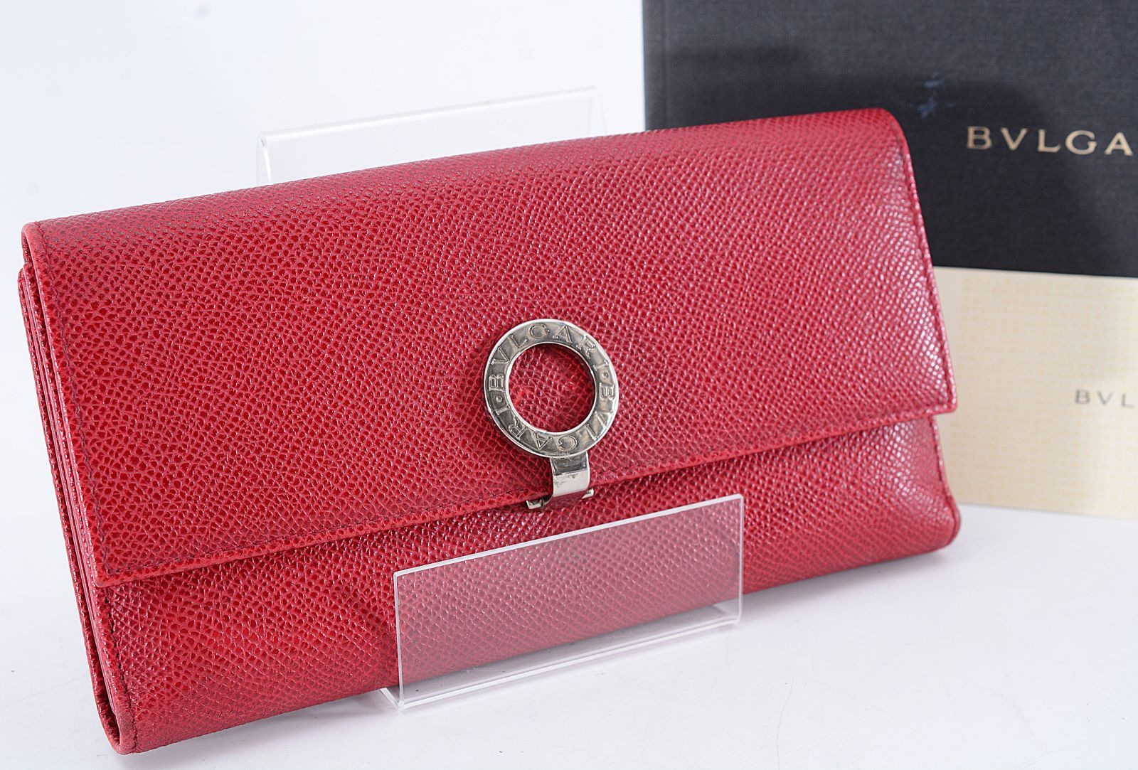 BVLGARI ブルガリ Long Wallet 長財布 レザー 革 レッド 赤 シルバー 銀 ロゴ レディース 女性 箱・カード付