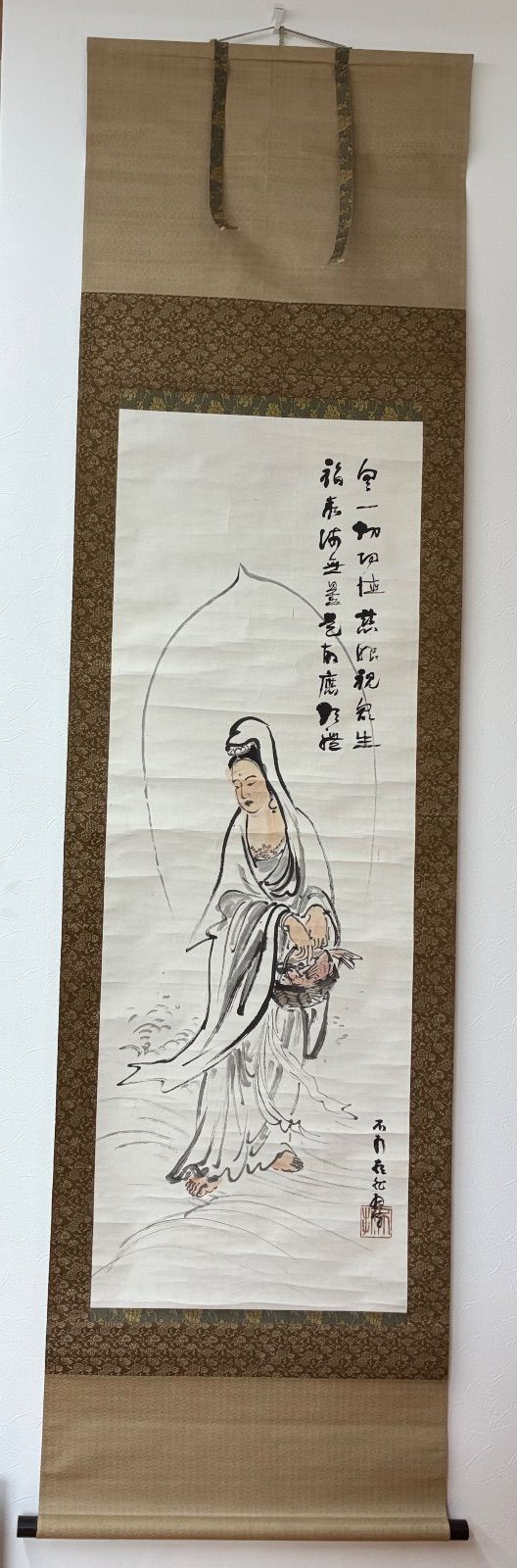 【吉祥縁起物】魚籃観音図 掛け軸 提籃観音 大漁祈願 海上安全 商売繁盛 仏教美術 仏画 三十三観音 漢文画賛